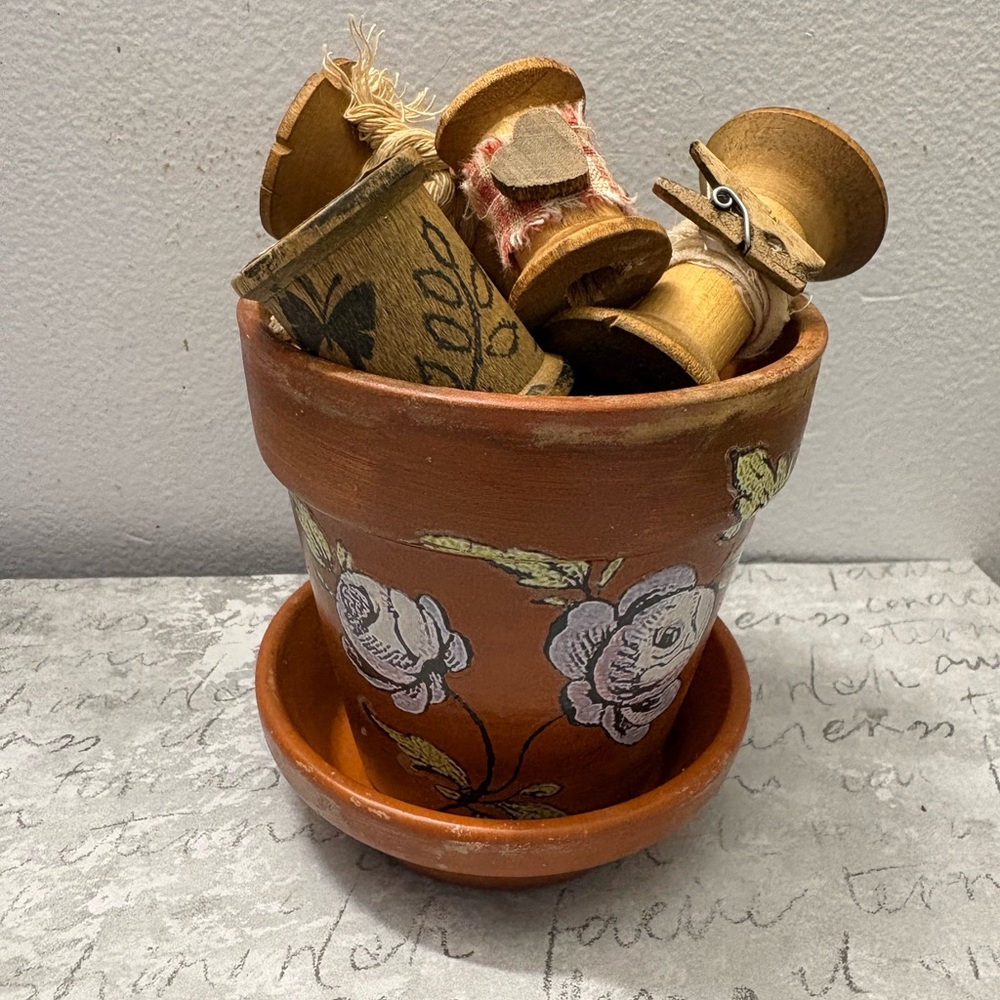 Terracotta Flower Pot with Vintage Wood Spools